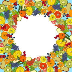 template with different fruits and berries. For your design, announcements, cards, posters, restaurant menu.