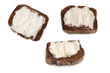 Brown bread and cheese isolated on white background.