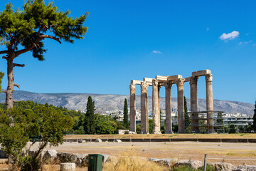 remains of the temple of olympic zeus. antique marble columns of ancient greek buildings. temple of...