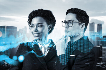 Two colleagues in multinational corporate team pondering about venture capital and hi-tech start up...