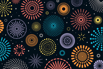 Colorful fireworks vector illustration, different shapes, bright on dark blue background. Flat style abstract geometric design. Concept for holiday celebration, greeting card, poster, banner, flyer.
