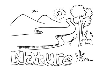 Mountains in hand drawn style with cute sun. Vector landscape in black and white.