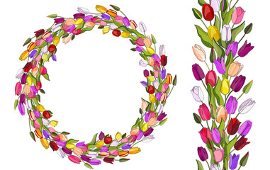 Flower seamless horizontal border isolated on white background.