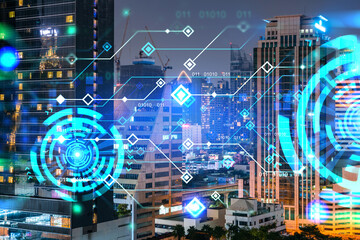 Information flow hologram, night panorama city view of Bangkok. The largest technological center in Asia. The concept of programming science. Double exposure.