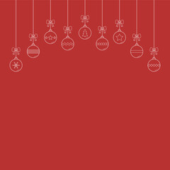 Christmas ornament. Xmas balls on red background with copyspace. Vector
