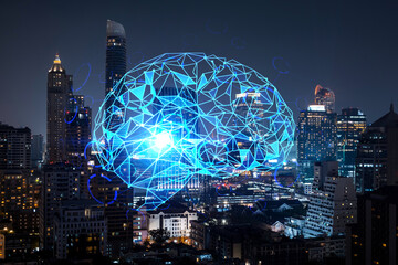 Human brain hologram, aerial panoramic city view of Bangkok at night. Educational cluster in Asia. The concept of artificial intelligence. Double exposure.