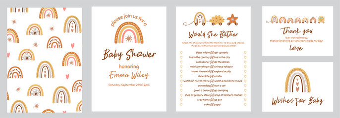 Baby shower templates set. Gender neutral invtation, thank you card, baby shower game, wishes for baby - obrazy, fototapety, plakaty