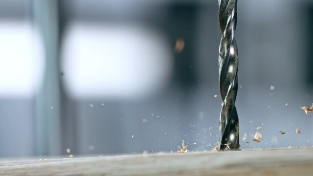 Super Slow Motion Shot of Drilling Wood at 1000 fps.