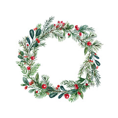 Fototapeta na wymiar Watercolor winter greenery wreath illustration, isolated on white background. Hand painted pine tree branches, mistletoe leaves, red berries. Christmas frame,holiday card template.