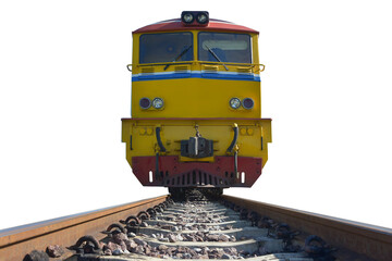 Low angle shot front of Train head yellow or locomotive on the tracks of thailand isolated on white...