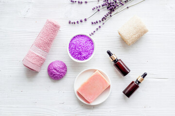 Obraz na płótnie Canvas Lavender cosmetics - soap with essential oil and sea. Top view