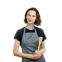 Chef woman in apron with kitchen tools isolated on white