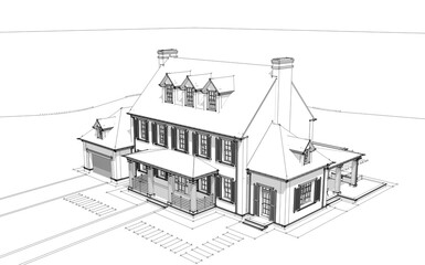 3d rendering of modern cozy classic house in colonial style with garage and pool for sale or rent with beautiful landscaping on background. Black line sketch with soft light shadows on white backgroun