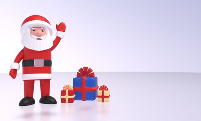 Santa Claus stands on the ice and waves his hand next to the boxes with gifts. Idea for the New Year, Christmas banner, greeting card, design element. 3D rendering