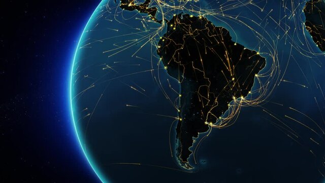
Animation of bright lines representing aerial, maritime, ground routes, country borders and city lights. South American map with bright connections. 