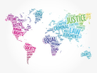 Justice word cloud in shape of world map, law concept background