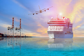 Cruise ship, Ferry sailing front ship view on port air plane with bright sunset background.