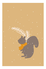 Winter postcard with squirrel and snow