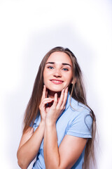 Fototapeta premium young pretty teenage hipster girl posing emotional happy smiling on white background, lifestyle people concept