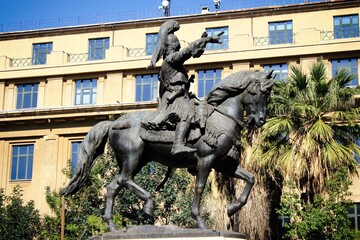 Naklejka premium View of the statue of the General and Greek hero Theodoros Kolokotronis in Athens, Greece, March 12 2020.