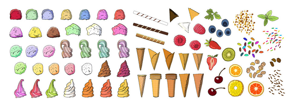 Set of ice cream elements. Vector hand-drawn illustration.