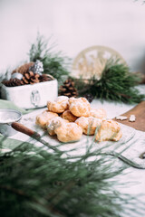 Profiteroles with custard on the table. New Year's dessert
