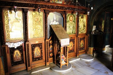 The interior of an old byzantine orthodox church in Athens, Greece - March 12 2020.