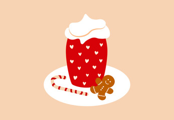 Cup of hot cocoa and ginger cookie. Holiday drink and dessert. Hand drawn coffee, milk, cookie, candy. Vector festive illustration