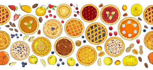 Seamless pattern of pies with different toppings. Vector illustration isolated on white background.