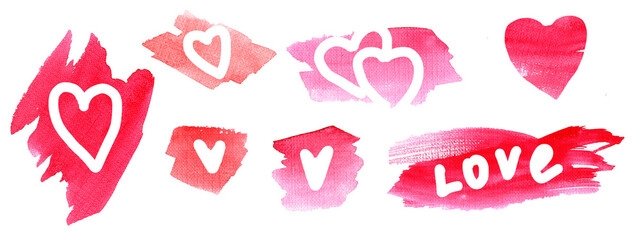 a set of watercolor spots in different shades of pink and red with hearts and the inscription love isolated elements on a white background for your design template for Valentine's day wedding .Waterco