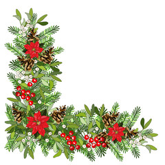 Vector festive element with holly, cones, mistletoe. Hand drawing illustration. New year and Christmas symbols. Holiday border for your design, announcements, postcards, posters.