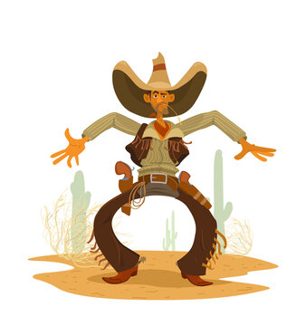 Funny cawboy wearing big hat, bandana, leather pants with fringe and waistcoat, big revolvers in holster. Prairie landscape with cactuses and rolling stone. Vector cartoon character.