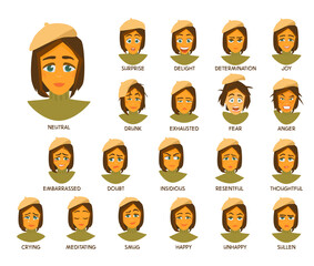 Young woman with short hair in beret and sweater character's emotions. 20 face expressions with titles. Cartoon vector illustration.