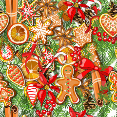 Endless texture with traditional Christmas symbols. Seamless vector pattern for your festive design, fabrics