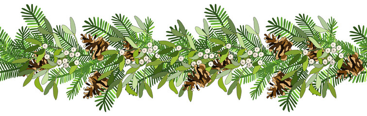 Vector seamles border wreath with mistletoe, fir cone, spruce branches isolated on white. For festive decoration, announcements, cards, invitations, posters.