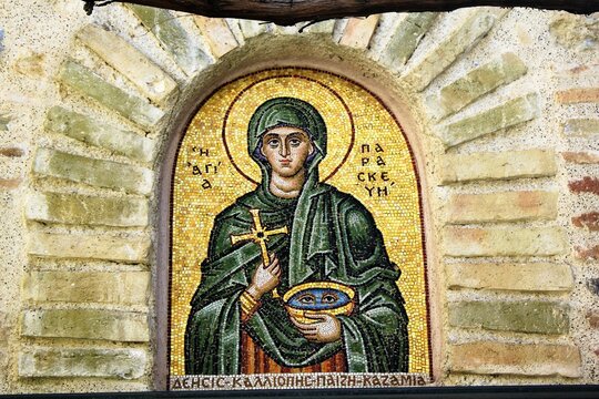 Mosaic of Saint Paraskevi outside of  an old byzantine orthodox church in Athens, Greece, March 12 2020.