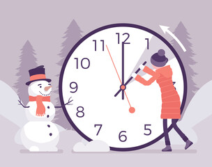 Woman shifting the clock for winter time. Coldest season of the year practice, advancing clocks during icy months. Vector creative stylized illustration, wonderful winter snowy scene