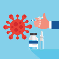 covid19 vaccine hope poster with hand injecting particle and vial