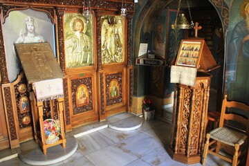 The interior of an old byzantine orthodox church in Athens, Greece - March 12 2020.