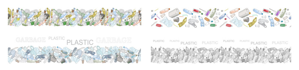 Vector hand drawn set of seamless patterns with sorted plastic garbage isolated on white. - obrazy, fototapety, plakaty