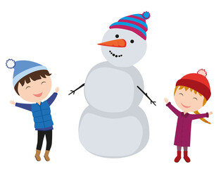 Little children and snowman. Boy and girl in winter clothes made snowman. Vector illustration.
