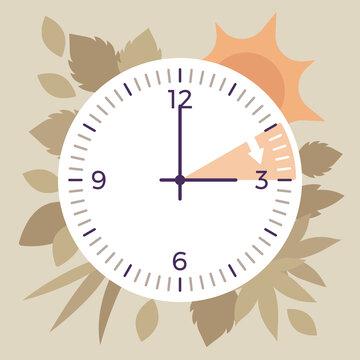 Daylight Savings Time, DST Clock Shift Design. Setting The Clocks An Hour Ahead Of The Standard Time. Vector Creative Stylized Illustration, Sun And Spring Decoration