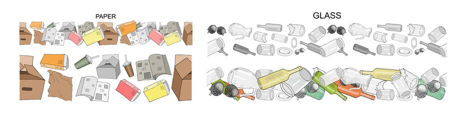 Seamless borders with sorted organic garbage. Collection of patterns with separate debris.