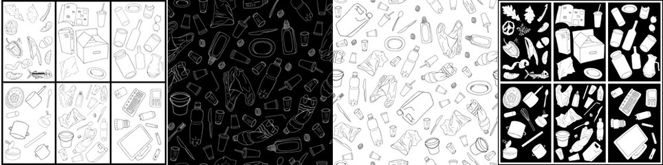 Seamless pattern with different types of garbage. Vector collection of trash.