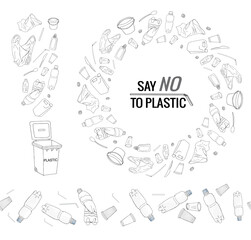 Vector hand drawn set of seamless patterns and objects with sorted plastic garbage isolated on white.