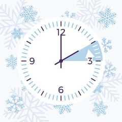 Naklejka na ściany i meble Winter time practice of shifting the clock back. Setting the clocks during cold month. Vector creative stylized illustration, beautiful icy and snowflake design