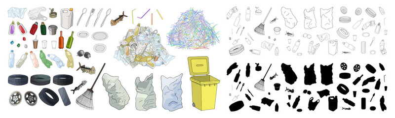 Large set of garbage on white background. Hand drawn vector illustration. - obrazy, fototapety, plakaty