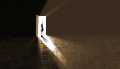 depressed person getting out from a dark room through an open light door, hope concept doorway, depression therapy, psychology door concept. 