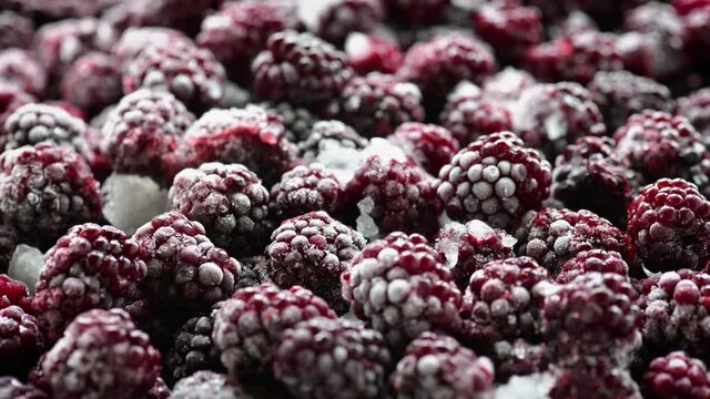 Timelapse footage of defrosting fruits blackberry on the plate. Camera moving over freezing berry close up. Food video UHD 4k