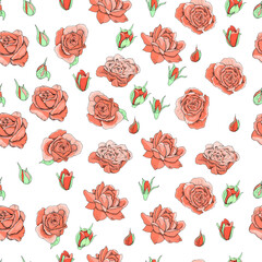 Flowers seamless pattern. Vector hand drawn illustration of roses. For textiles, wallpaper, fabric, gift boxes, greeting card and invitations